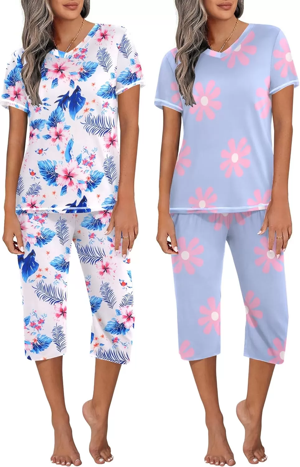 imageEkouaer 2 Pack Womens Sleepwear Capri Pajama Sets Short Sleeve TwoPiece Pjs V Neck Tops ampamp Capri Pants with Pockets S3XLFloral Blueblue Floral
