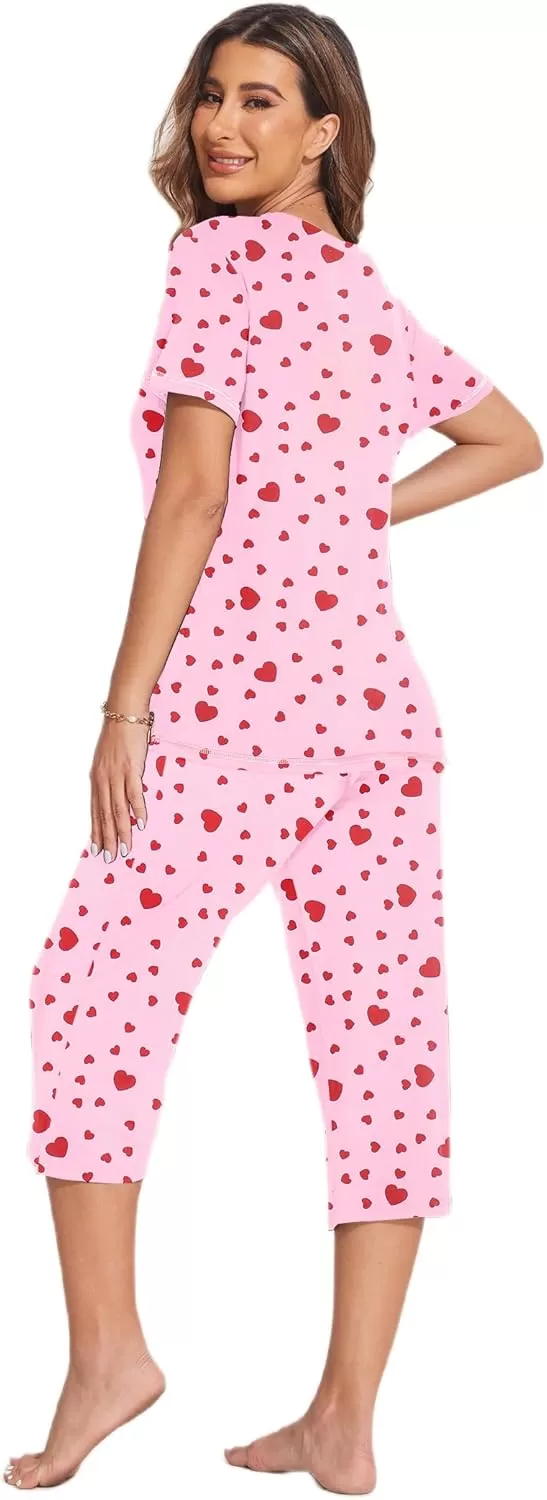 imageEkouaer 2 Pack Womens Sleepwear Capri Pajama Sets Short Sleeve TwoPiece Pjs V Neck Tops ampamp Capri Pants with Pockets S3XLFlyingheart