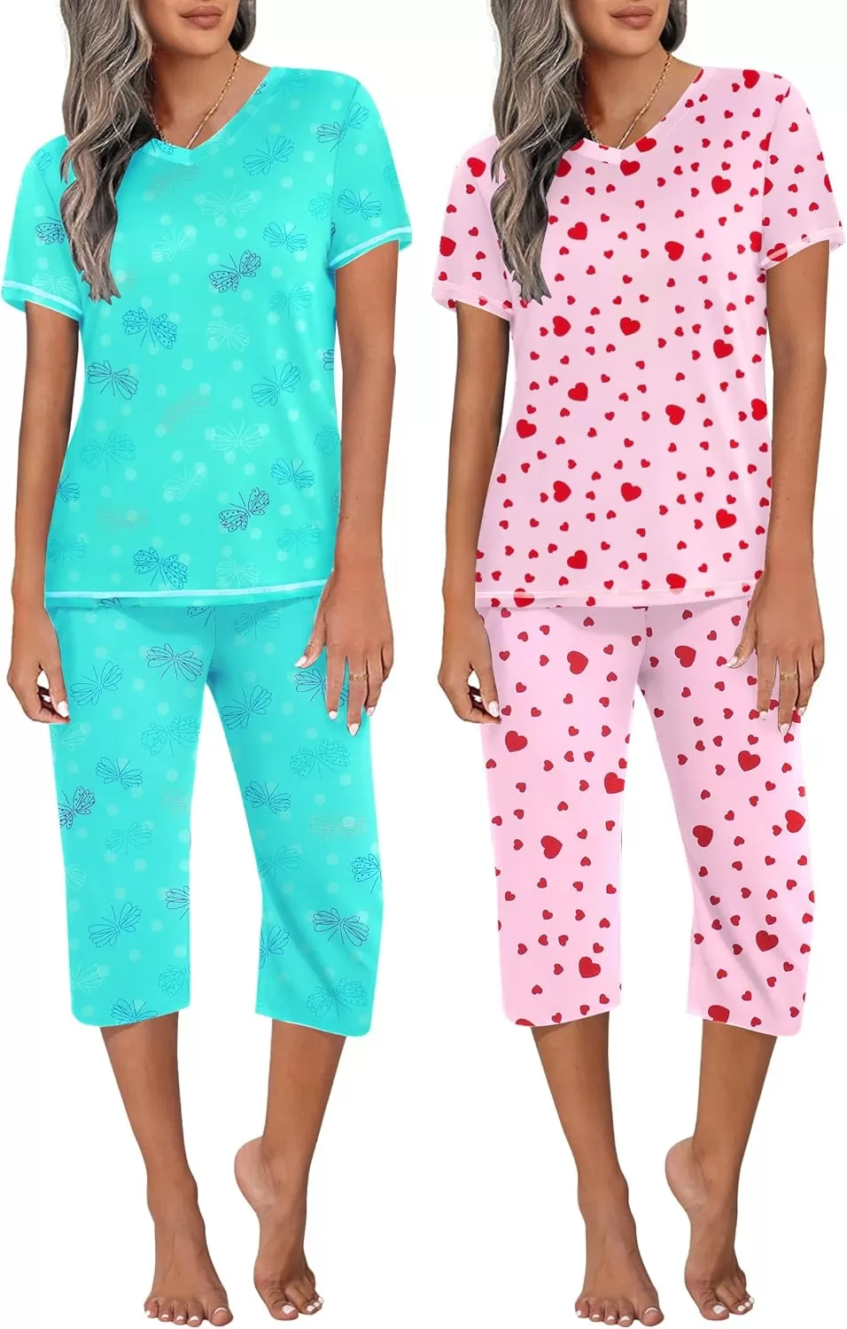 imageEkouaer 2 Pack Womens Sleepwear Capri Pajama Sets Short Sleeve TwoPiece Pjs V Neck Tops ampamp Capri Pants with Pockets S3XLFlyingheart