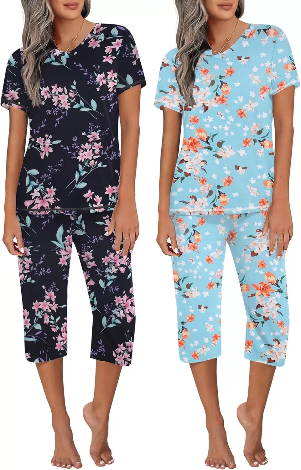 imageEkouaer 2 Pack Womens Sleepwear Capri Pajama Sets Short Sleeve TwoPiece Pjs V Neck Tops ampamp Capri Pants with Pockets S3XLGreen Flowersblack Big Flowers