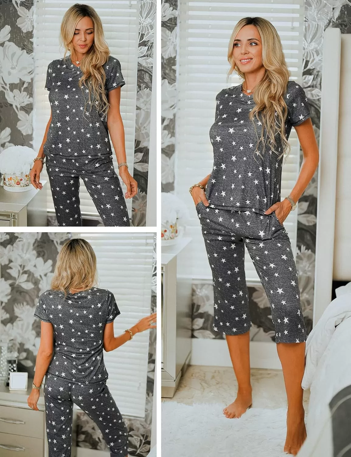 imageEkouaer 2 Pack Womens Sleepwear Capri Pajama Sets Short Sleeve TwoPiece Pjs V Neck Tops ampamp Capri Pants with Pockets S3XLGrey Starleopard