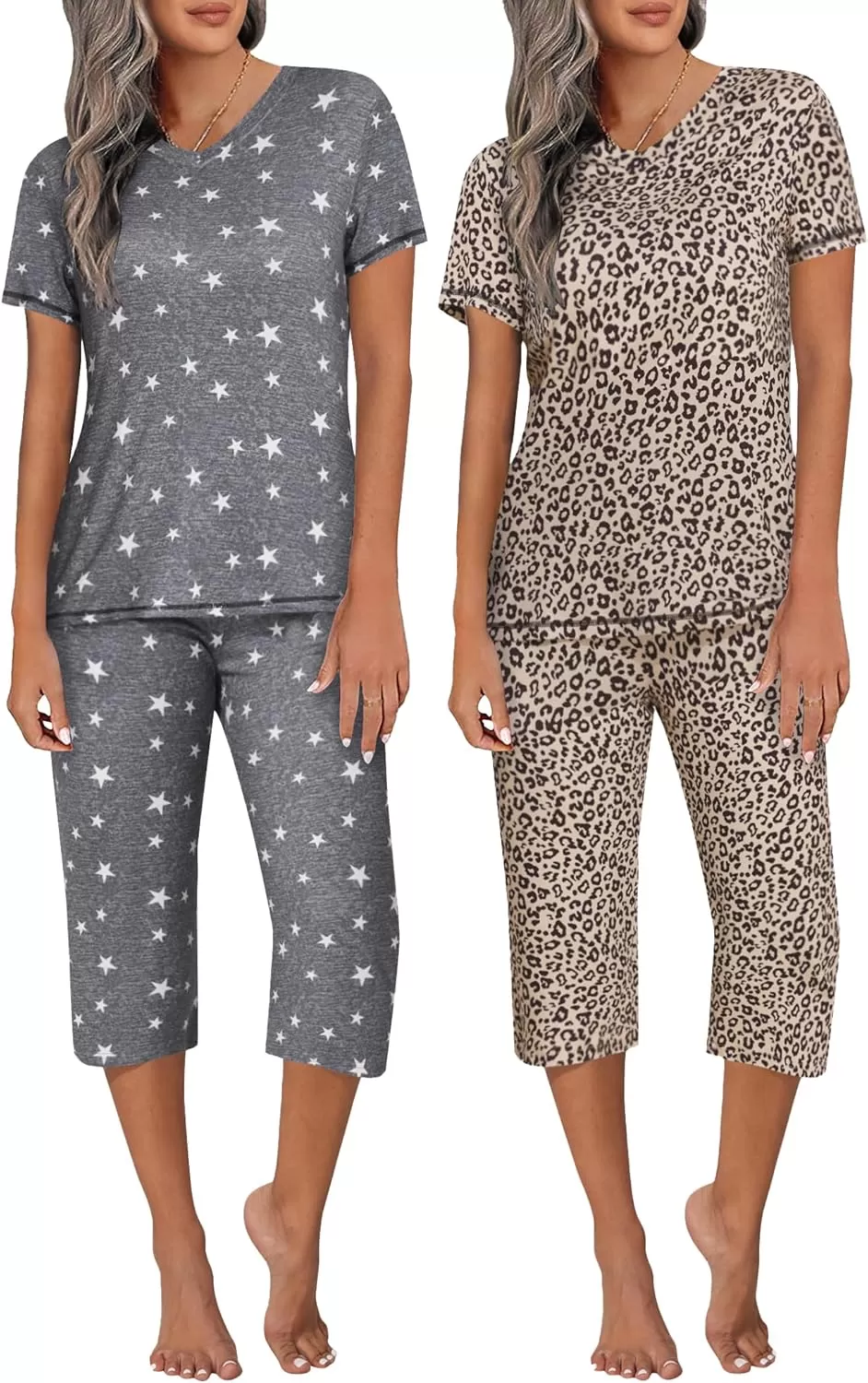 imageEkouaer 2 Pack Womens Sleepwear Capri Pajama Sets Short Sleeve TwoPiece Pjs V Neck Tops ampamp Capri Pants with Pockets S3XLGrey Starleopard