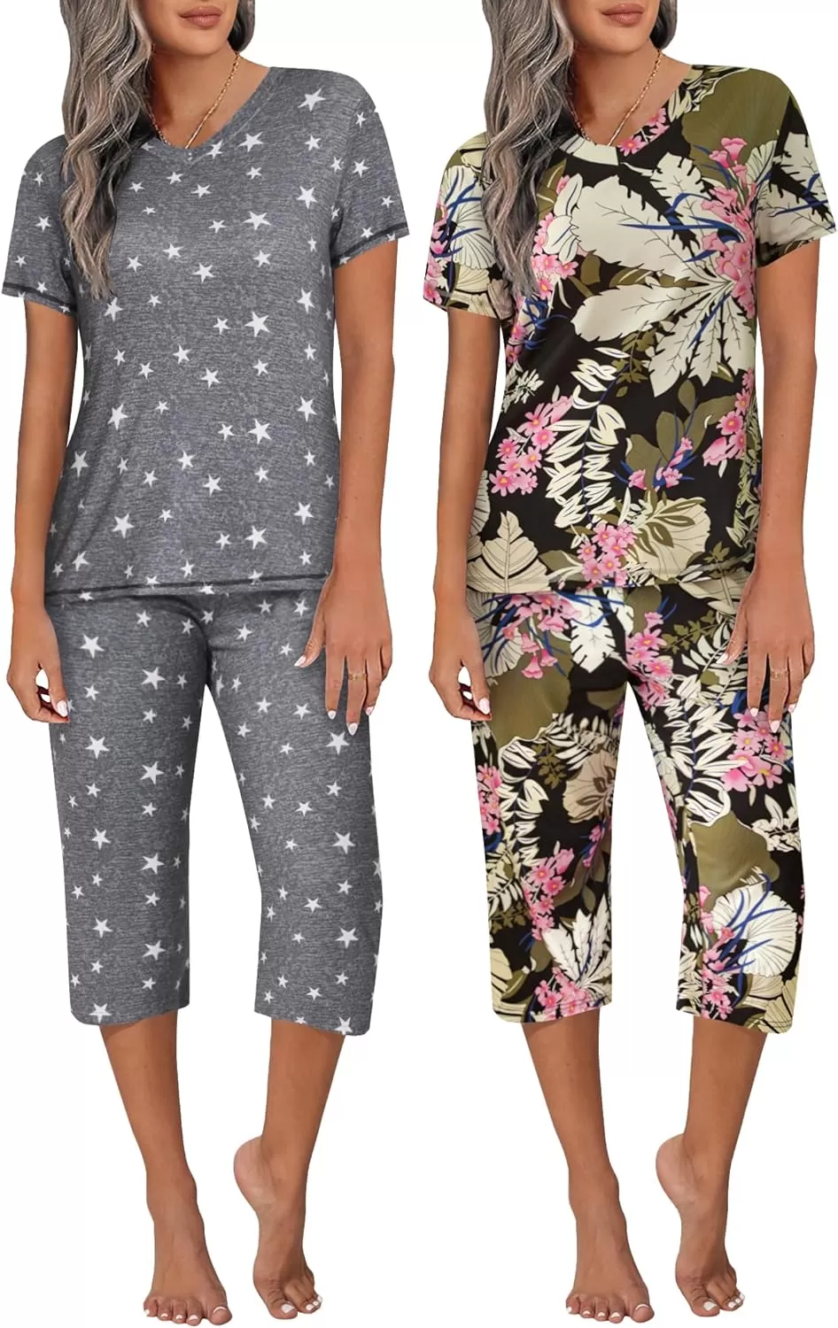 imageEkouaer 2 Pack Womens Sleepwear Capri Pajama Sets Short Sleeve TwoPiece Pjs V Neck Tops ampamp Capri Pants with Pockets S3XLLeaf Pinkgrey Star