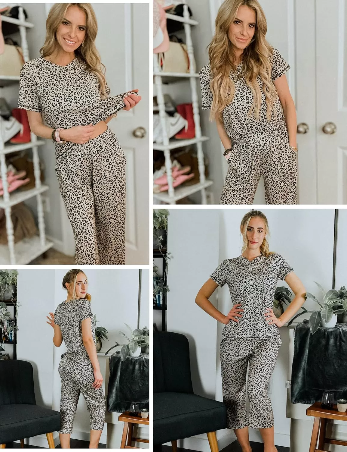 imageEkouaer 2 Pack Womens Sleepwear Capri Pajama Sets Short Sleeve TwoPiece Pjs V Neck Tops ampamp Capri Pants with Pockets S3XLLeopardblack