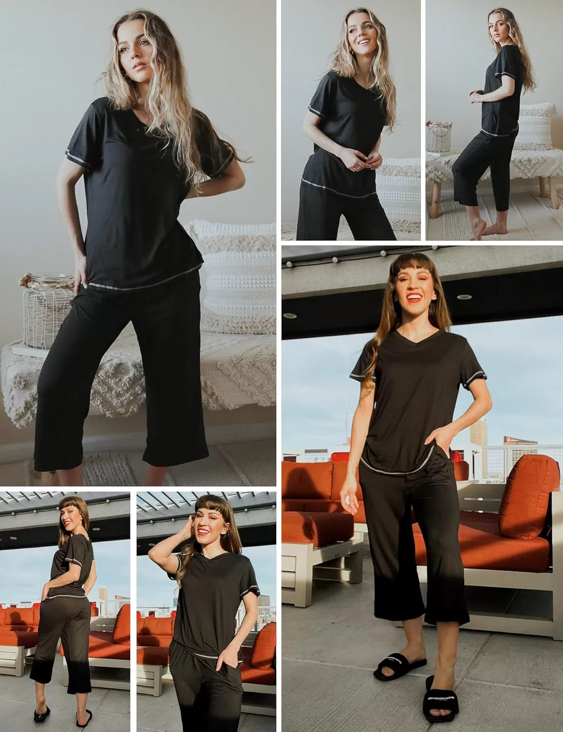 imageEkouaer 2 Pack Womens Sleepwear Capri Pajama Sets Short Sleeve TwoPiece Pjs V Neck Tops ampamp Capri Pants with Pockets S3XLLeopardblack