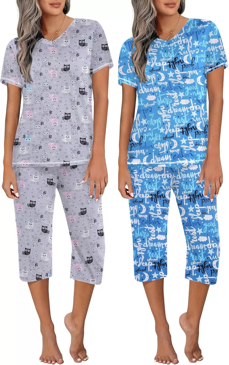 imageEkouaer 2 Pack Womens Sleepwear Capri Pajama Sets Short Sleeve TwoPiece Pjs V Neck Tops ampamp Capri Pants with Pockets S3XLOwlsenjoy Night