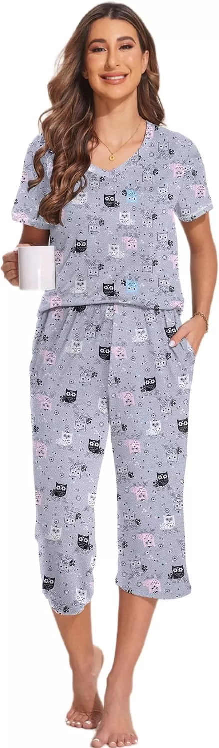 imageEkouaer 2 Pack Womens Sleepwear Capri Pajama Sets Short Sleeve TwoPiece Pjs V Neck Tops ampamp Capri Pants with Pockets S3XLOwlsenjoy Night