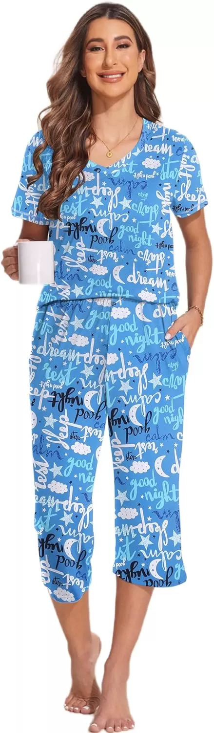 imageEkouaer 2 Pack Womens Sleepwear Capri Pajama Sets Short Sleeve TwoPiece Pjs V Neck Tops ampamp Capri Pants with Pockets S3XLOwlsenjoy Night