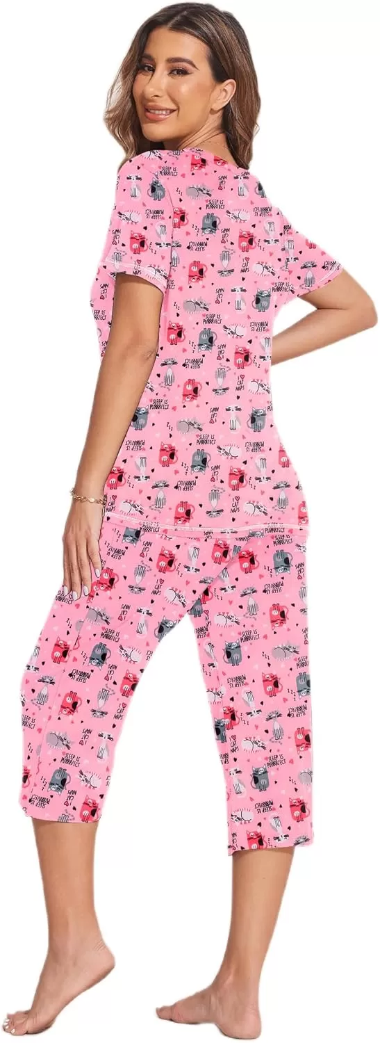 imageEkouaer 2 Pack Womens Sleepwear Capri Pajama Sets Short Sleeve TwoPiece Pjs V Neck Tops ampamp Capri Pants with Pockets S3XLPink Catlight Blue Cat