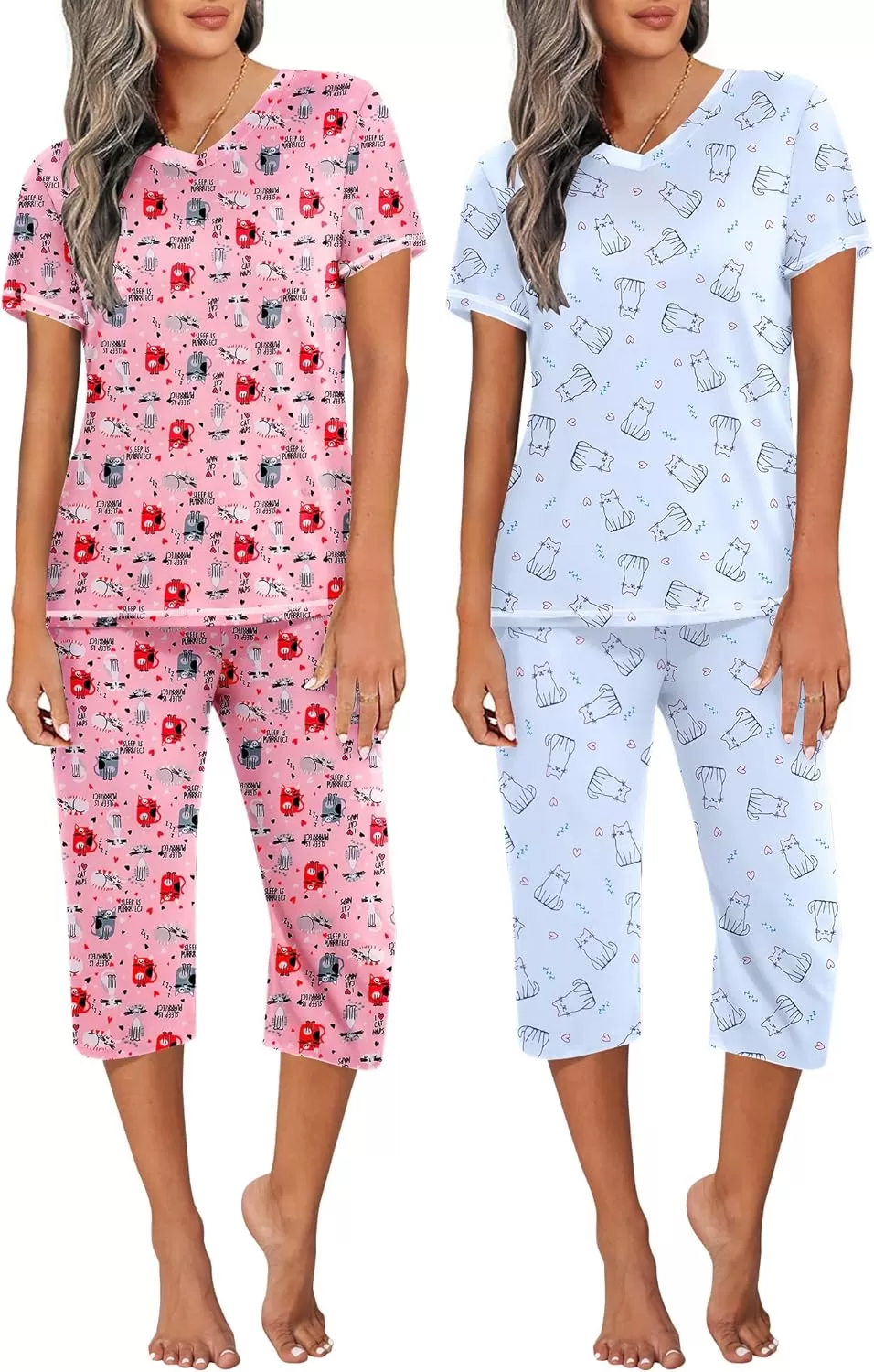 imageEkouaer 2 Pack Womens Sleepwear Capri Pajama Sets Short Sleeve TwoPiece Pjs V Neck Tops ampamp Capri Pants with Pockets S3XLPink Catlight Blue Cat