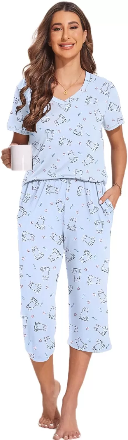 imageEkouaer 2 Pack Womens Sleepwear Capri Pajama Sets Short Sleeve TwoPiece Pjs V Neck Tops ampamp Capri Pants with Pockets S3XLPink Catlight Blue Cat