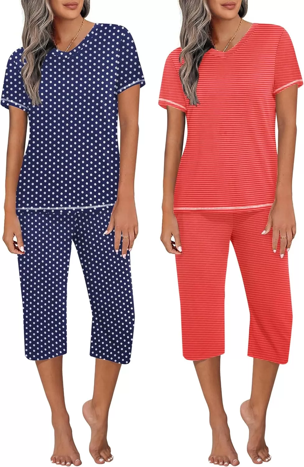 imageEkouaer 2 Pack Womens Sleepwear Capri Pajama Sets Short Sleeve TwoPiece Pjs V Neck Tops ampamp Capri Pants with Pockets S3XLRed Stripeblue Polka Dot