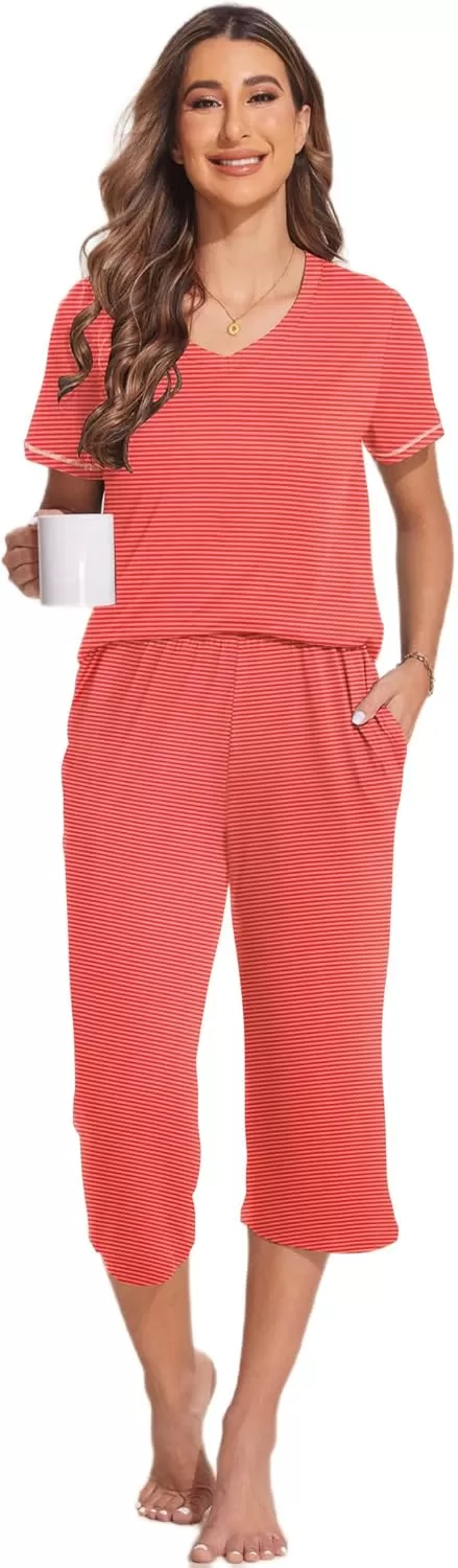 imageEkouaer 2 Pack Womens Sleepwear Capri Pajama Sets Short Sleeve TwoPiece Pjs V Neck Tops ampamp Capri Pants with Pockets S3XLRed Stripeblue Polka Dot
