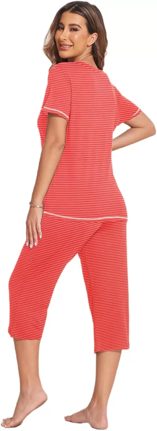 imageEkouaer 2 Pack Womens Sleepwear Capri Pajama Sets Short Sleeve TwoPiece Pjs V Neck Tops ampamp Capri Pants with Pockets S3XLRed Stripeblue Polka Dot