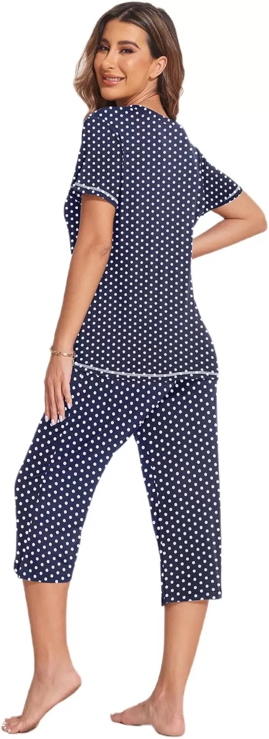 imageEkouaer 2 Pack Womens Sleepwear Capri Pajama Sets Short Sleeve TwoPiece Pjs V Neck Tops ampamp Capri Pants with Pockets S3XLRed Stripeblue Polka Dot