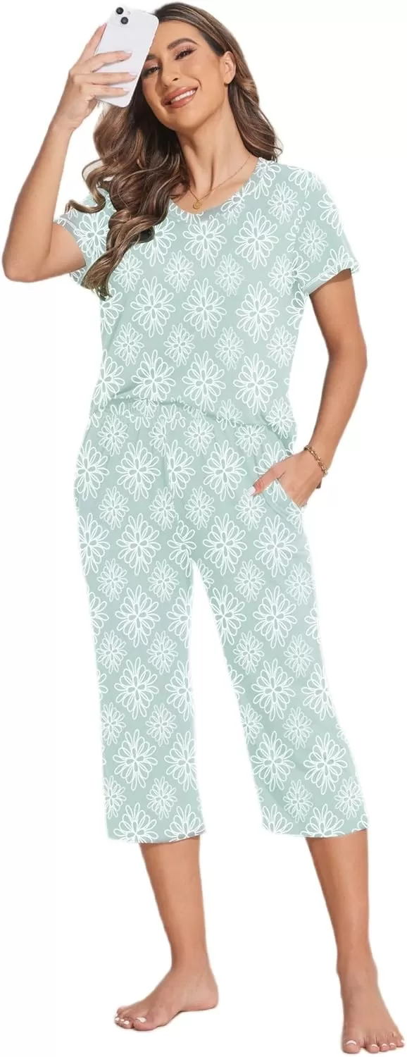 imageEkouaer 2 Pack Womens Sleepwear Capri Pajama Sets Short Sleeve TwoPiece Pjs V Neck Tops ampamp Capri Pants with Pockets S3XLRed Yellow Flowerlight Green Flower