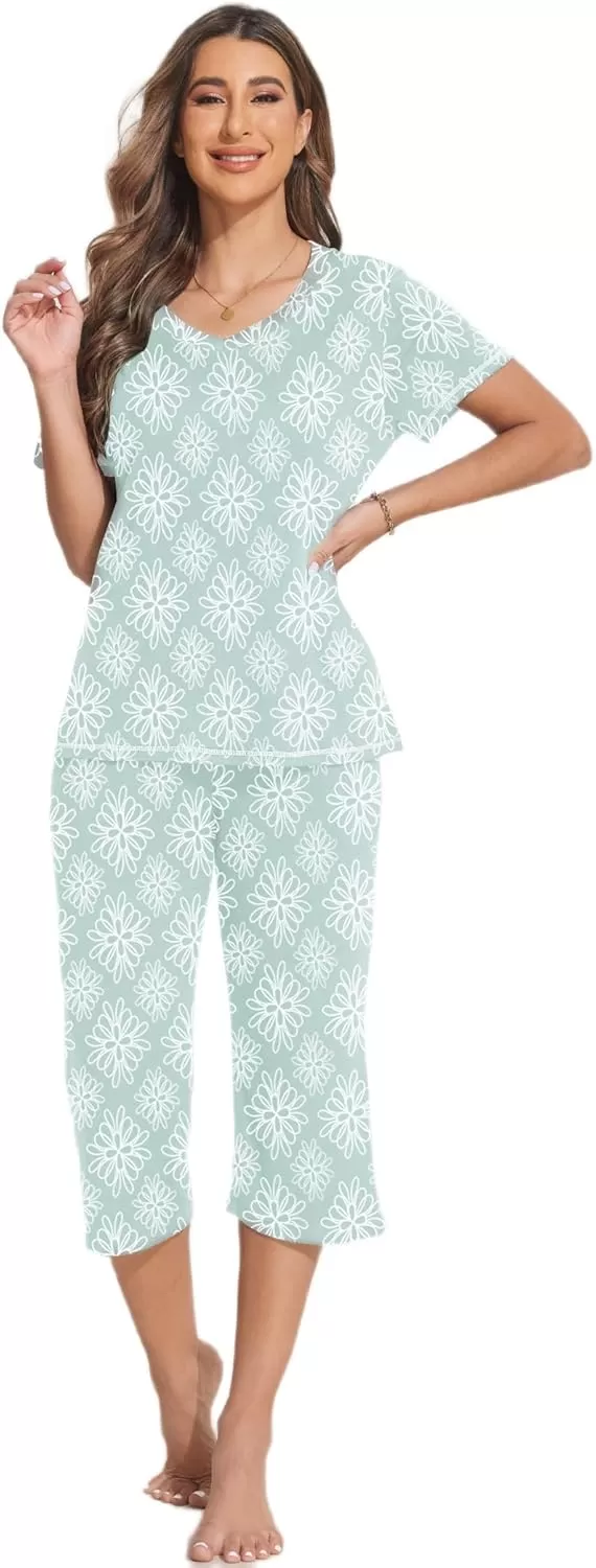 imageEkouaer 2 Pack Womens Sleepwear Capri Pajama Sets Short Sleeve TwoPiece Pjs V Neck Tops ampamp Capri Pants with Pockets S3XLRed Yellow Flowerlight Green Flower