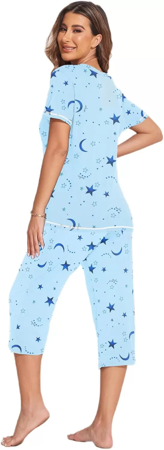 imageEkouaer 2 Pack Womens Sleepwear Capri Pajama Sets Short Sleeve TwoPiece Pjs V Neck Tops ampamp Capri Pants with Pockets S3XLStarcoffee
