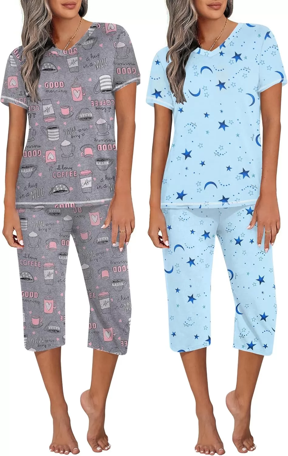 imageEkouaer 2 Pack Womens Sleepwear Capri Pajama Sets Short Sleeve TwoPiece Pjs V Neck Tops ampamp Capri Pants with Pockets S3XLStarcoffee