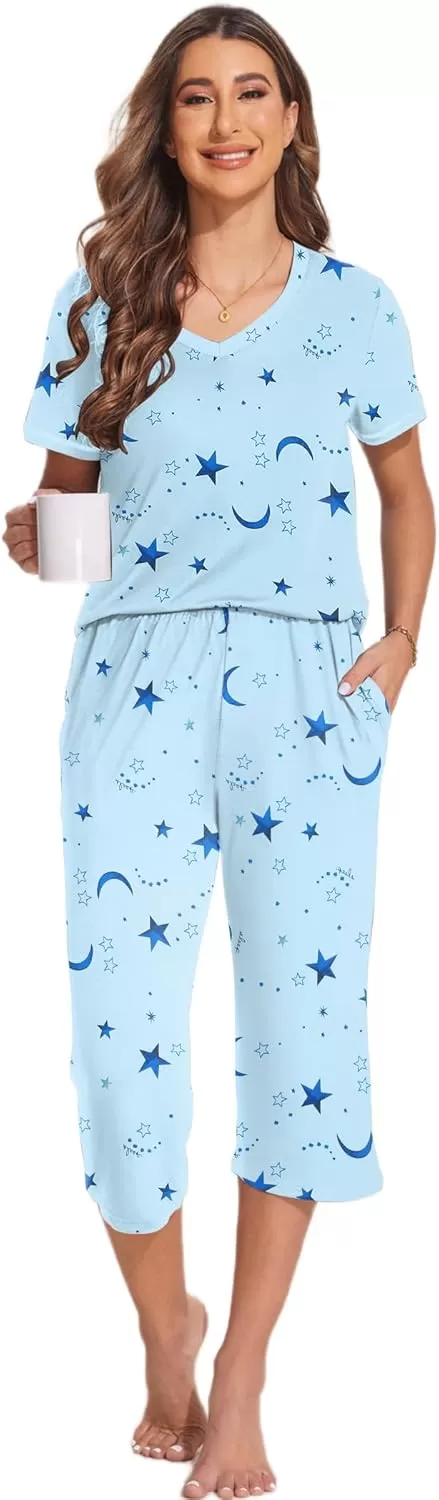 imageEkouaer 2 Pack Womens Sleepwear Capri Pajama Sets Short Sleeve TwoPiece Pjs V Neck Tops ampamp Capri Pants with Pockets S3XLStarcoffee