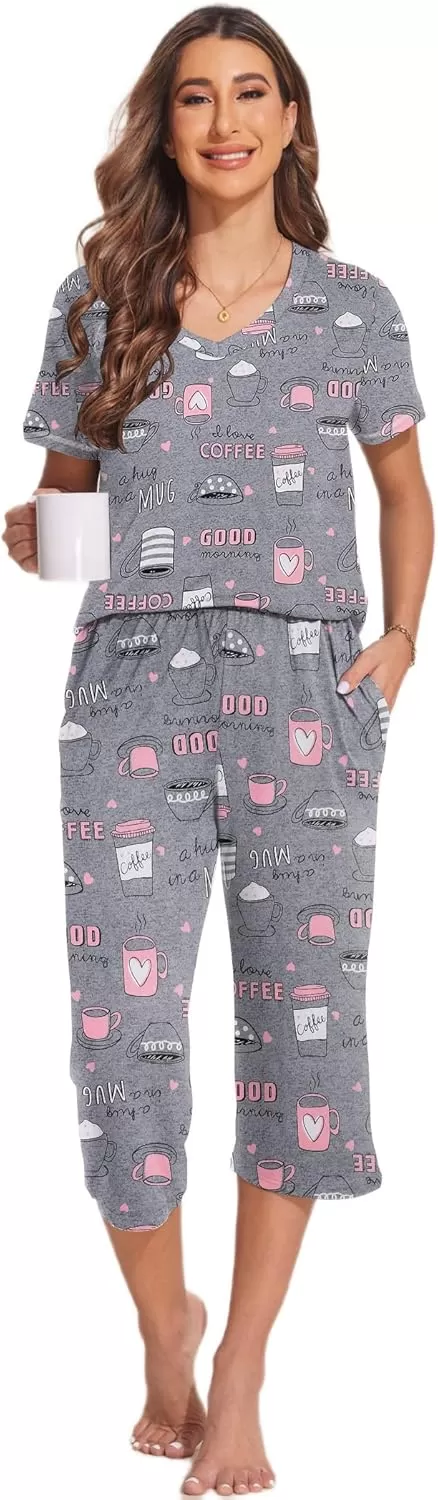 imageEkouaer 2 Pack Womens Sleepwear Capri Pajama Sets Short Sleeve TwoPiece Pjs V Neck Tops ampamp Capri Pants with Pockets S3XLStarcoffee