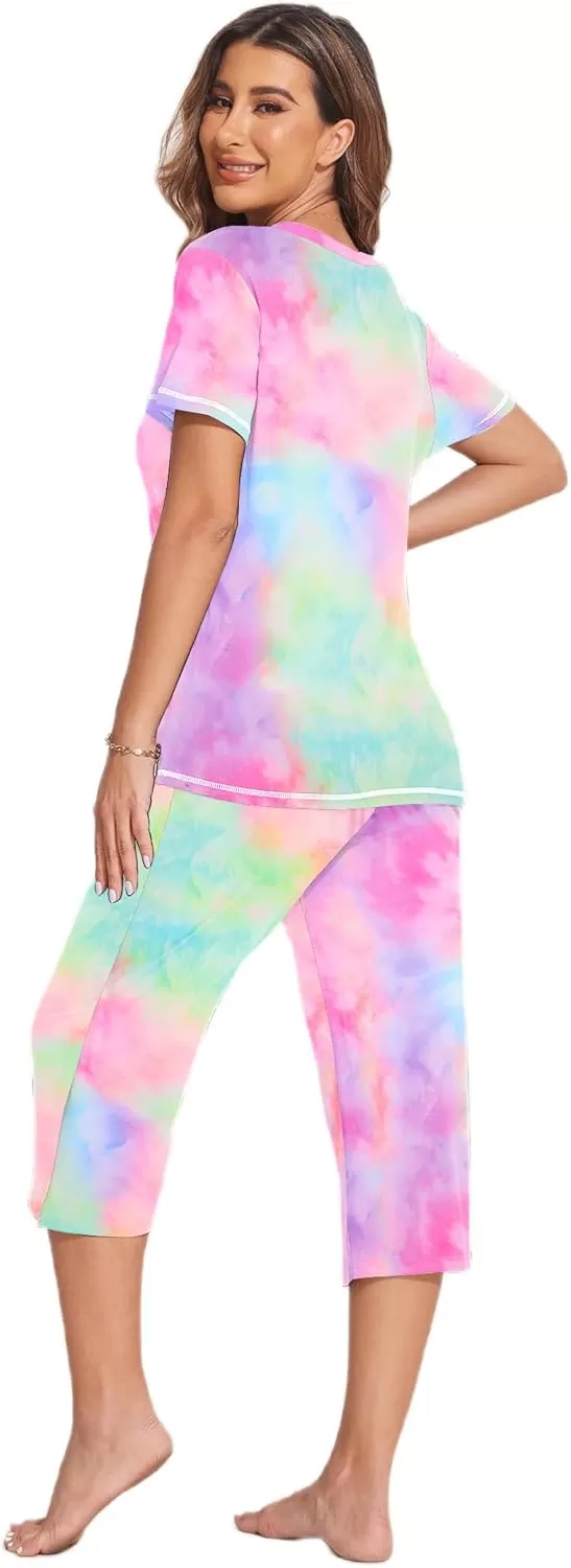 imageEkouaer 2 Pack Womens Sleepwear Capri Pajama Sets Short Sleeve TwoPiece Pjs V Neck Tops ampamp Capri Pants with Pockets S3XLTie Dyefloral