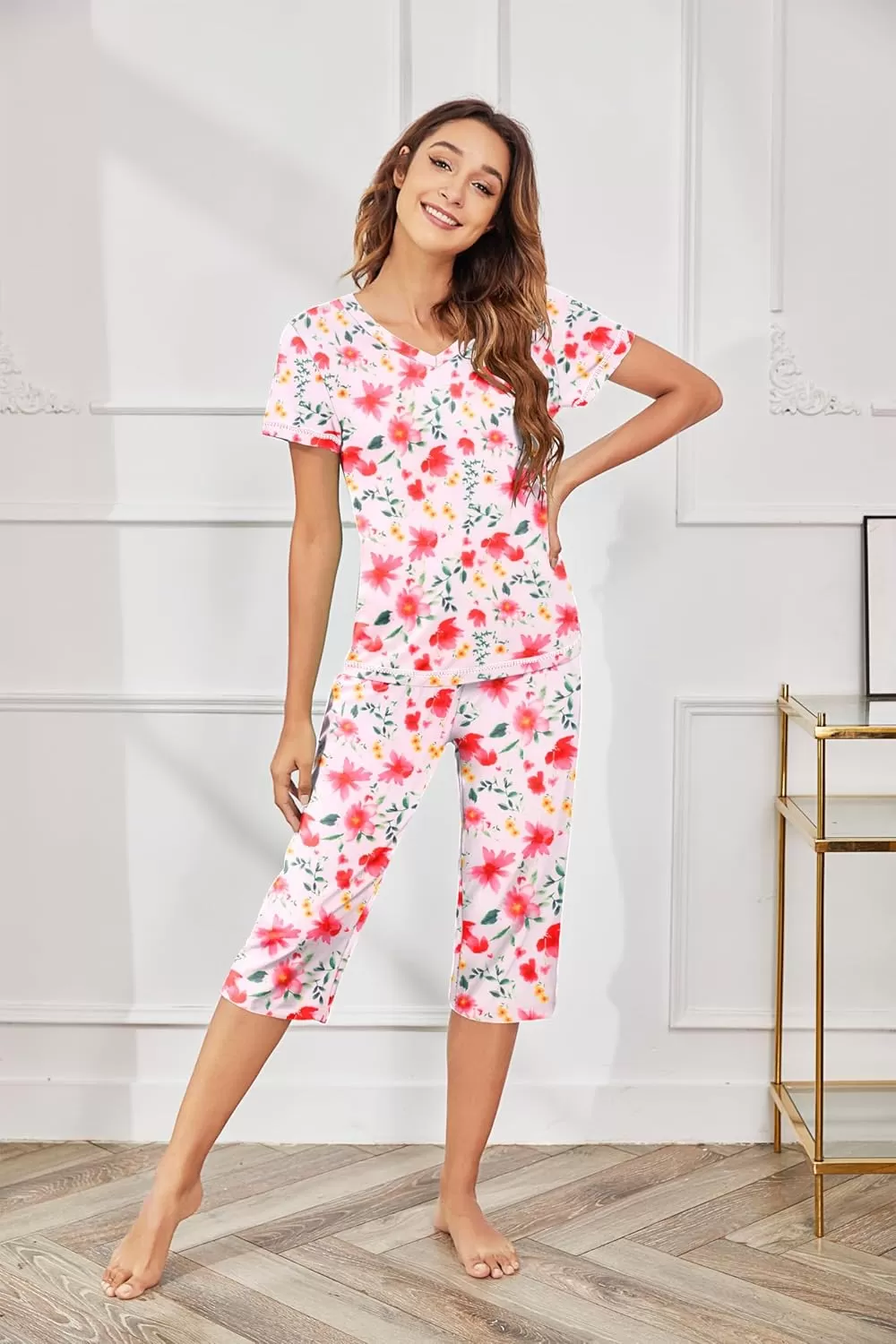 imageEkouaer 2 Pack Womens Sleepwear Capri Pajama Sets Short Sleeve TwoPiece Pjs V Neck Tops ampamp Capri Pants with Pockets S3XLTie Dyefloral