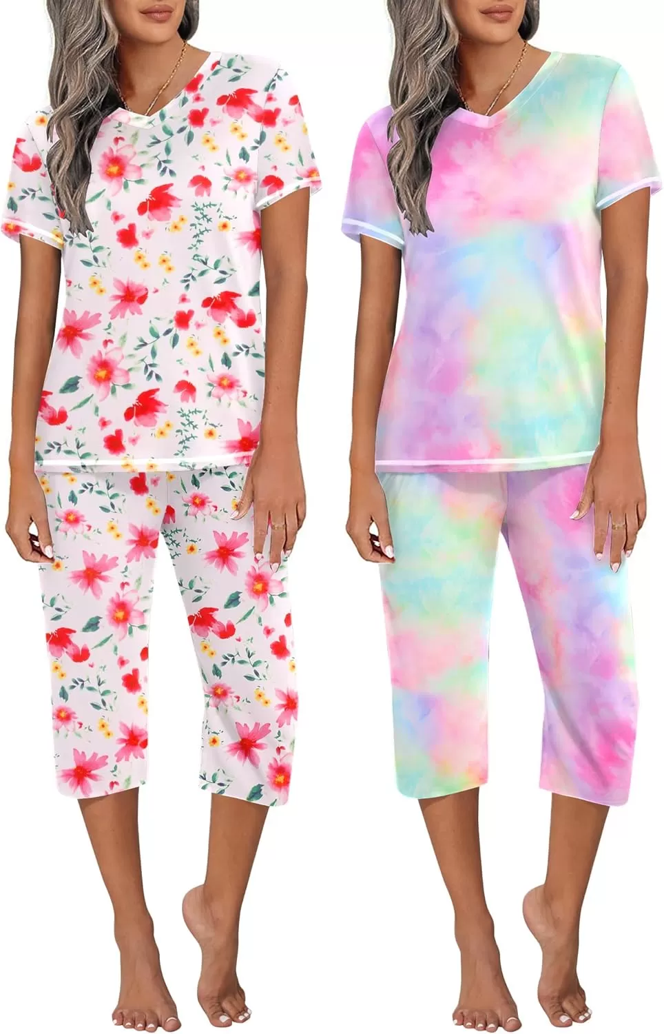 imageEkouaer 2 Pack Womens Sleepwear Capri Pajama Sets Short Sleeve TwoPiece Pjs V Neck Tops ampamp Capri Pants with Pockets S3XLTie Dyefloral