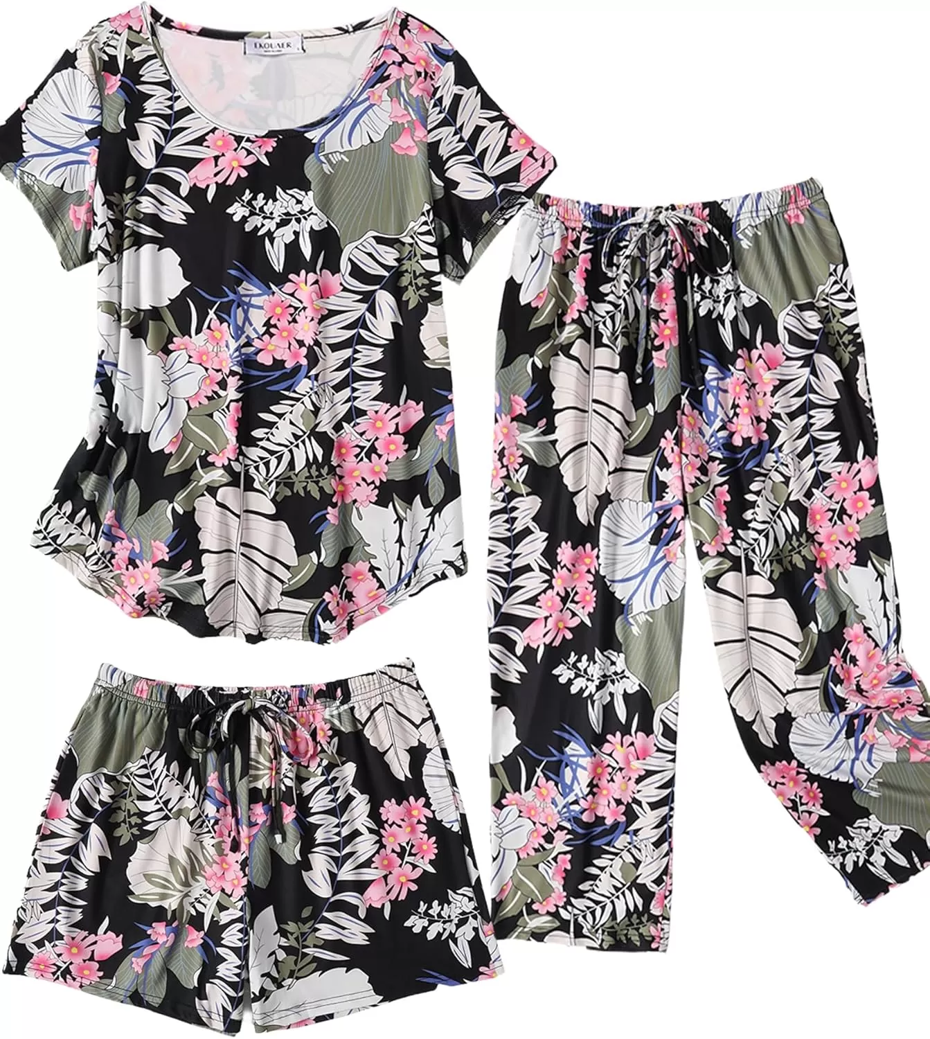 imageEkouaer 3 PCS Capri Pajamas for Women Set Short Sleeve Pajama Sets Floral Pj Sets Soft Sleepwear with PocketsBlack Leaves