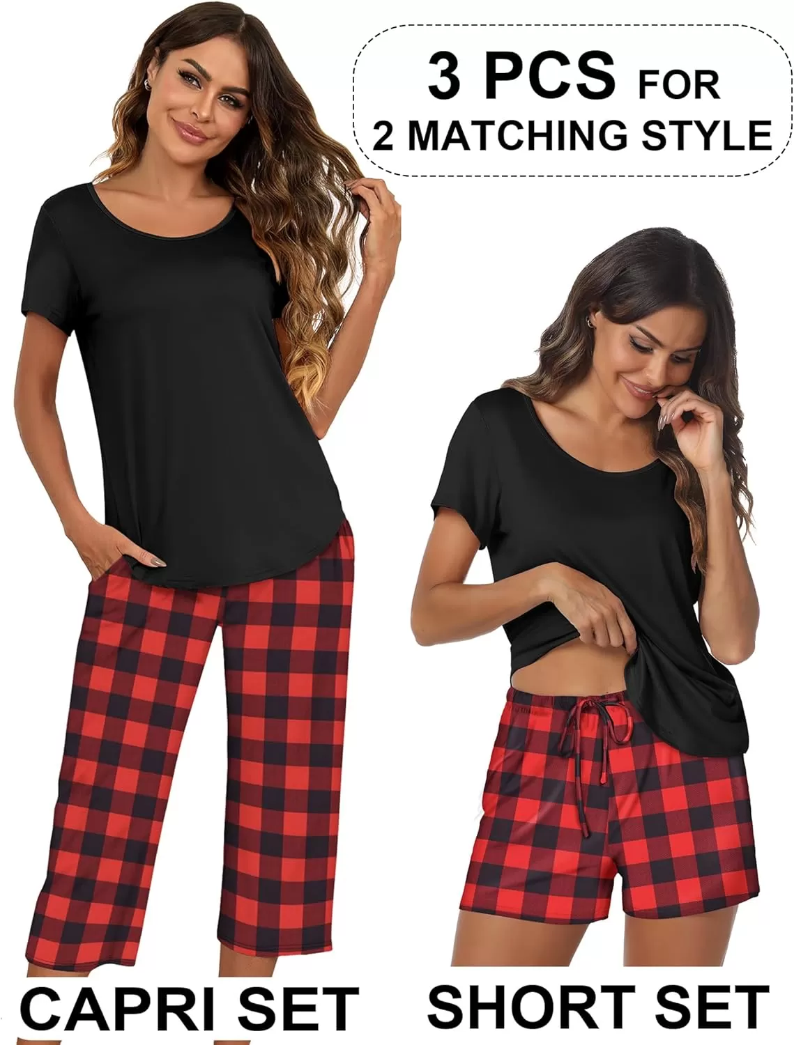 imageEkouaer 3 PCS Capri Pajamas for Women Set Short Sleeve Pajama Sets Floral Pj Sets Soft Sleepwear with PocketsBlack Red Plaid