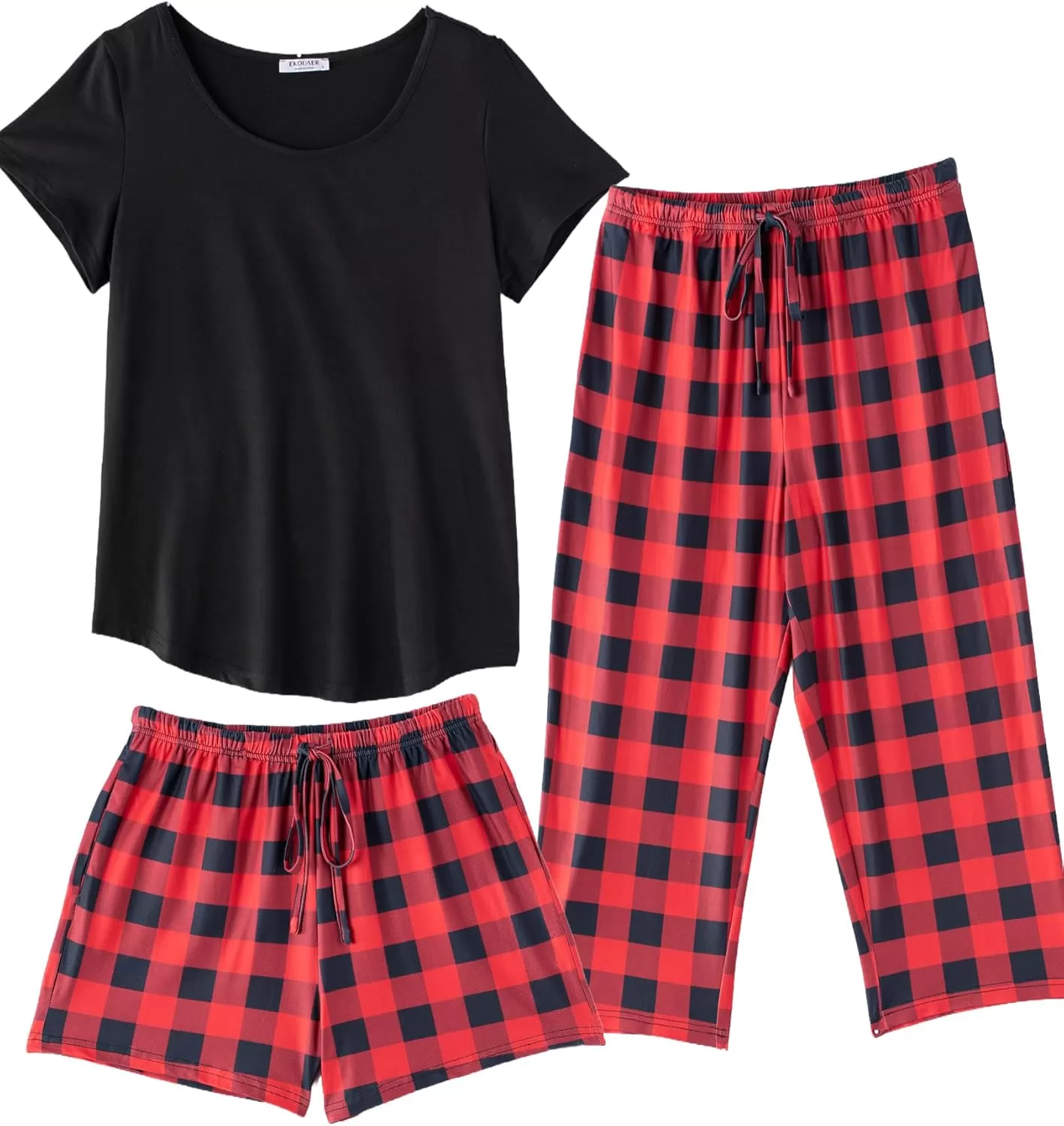 imageEkouaer 3 PCS Capri Pajamas for Women Set Short Sleeve Pajama Sets Floral Pj Sets Soft Sleepwear with PocketsBlack Red Plaid