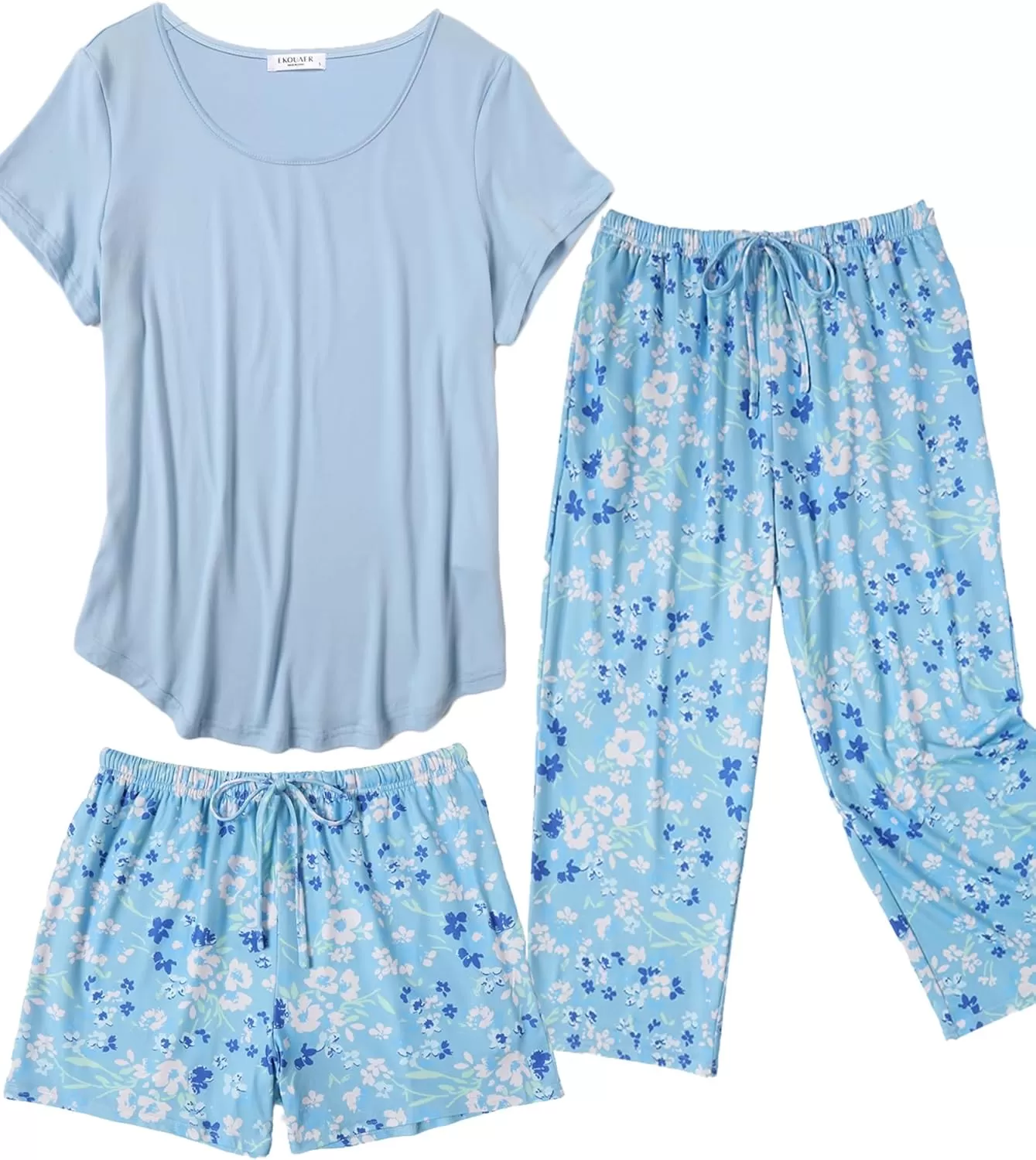 imageEkouaer 3 PCS Capri Pajamas for Women Set Short Sleeve Pajama Sets Floral Pj Sets Soft Sleepwear with PocketsBlue Flowers