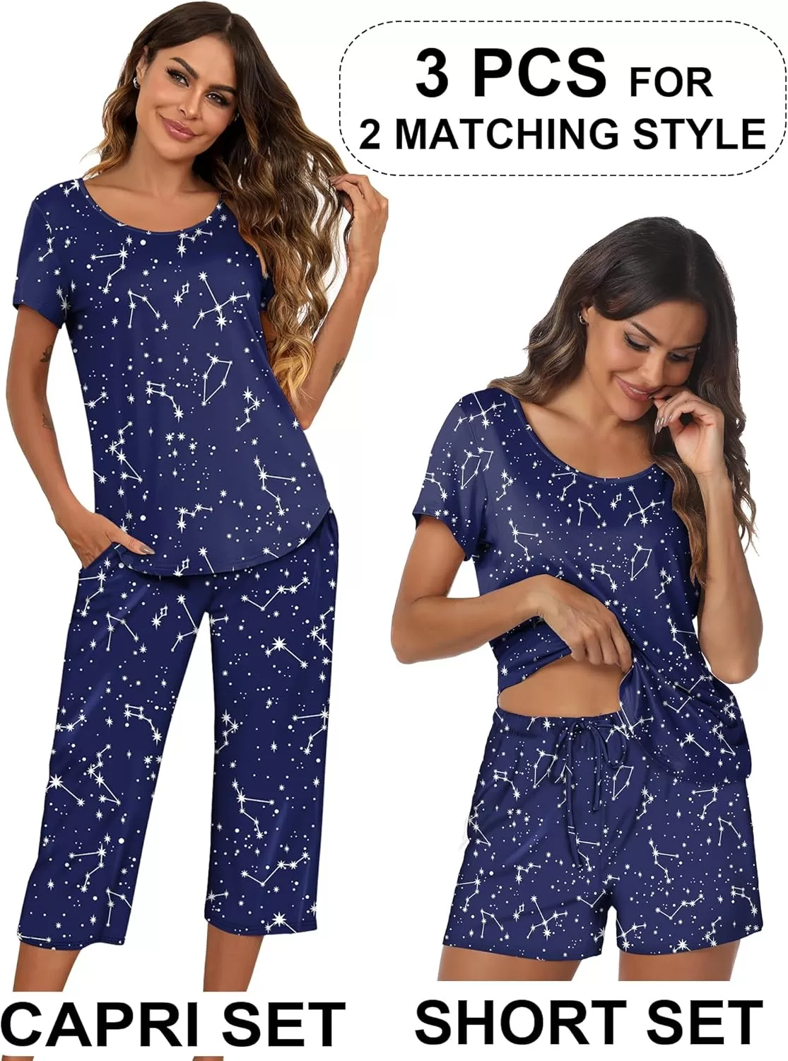 imageEkouaer 3 PCS Capri Pajamas for Women Set Short Sleeve Pajama Sets Floral Pj Sets Soft Sleepwear with PocketsBlue Stars