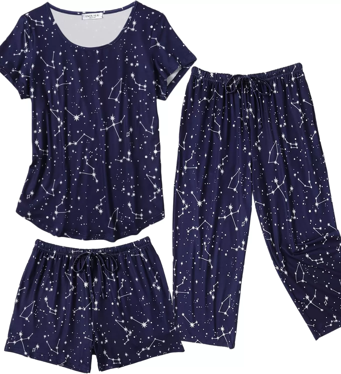 imageEkouaer 3 PCS Capri Pajamas for Women Set Short Sleeve Pajama Sets Floral Pj Sets Soft Sleepwear with PocketsBlue Stars