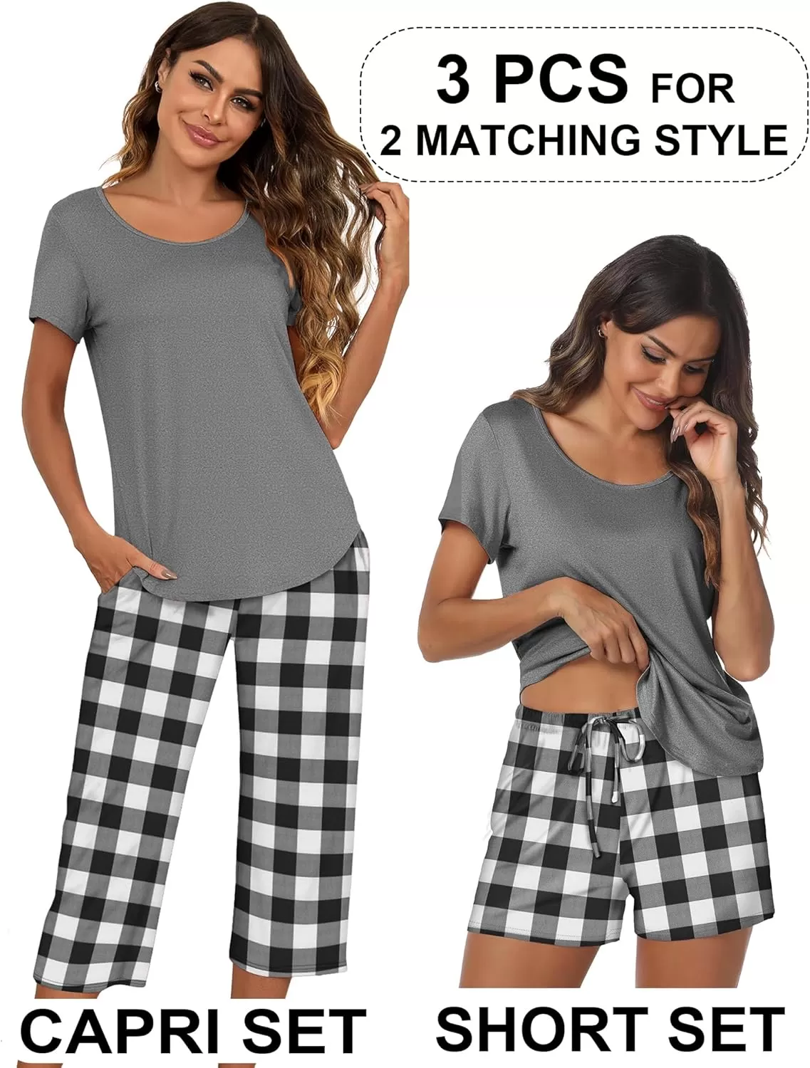 imageEkouaer 3 PCS Capri Pajamas for Women Set Short Sleeve Pajama Sets Floral Pj Sets Soft Sleepwear with PocketsDark Grey Plaid