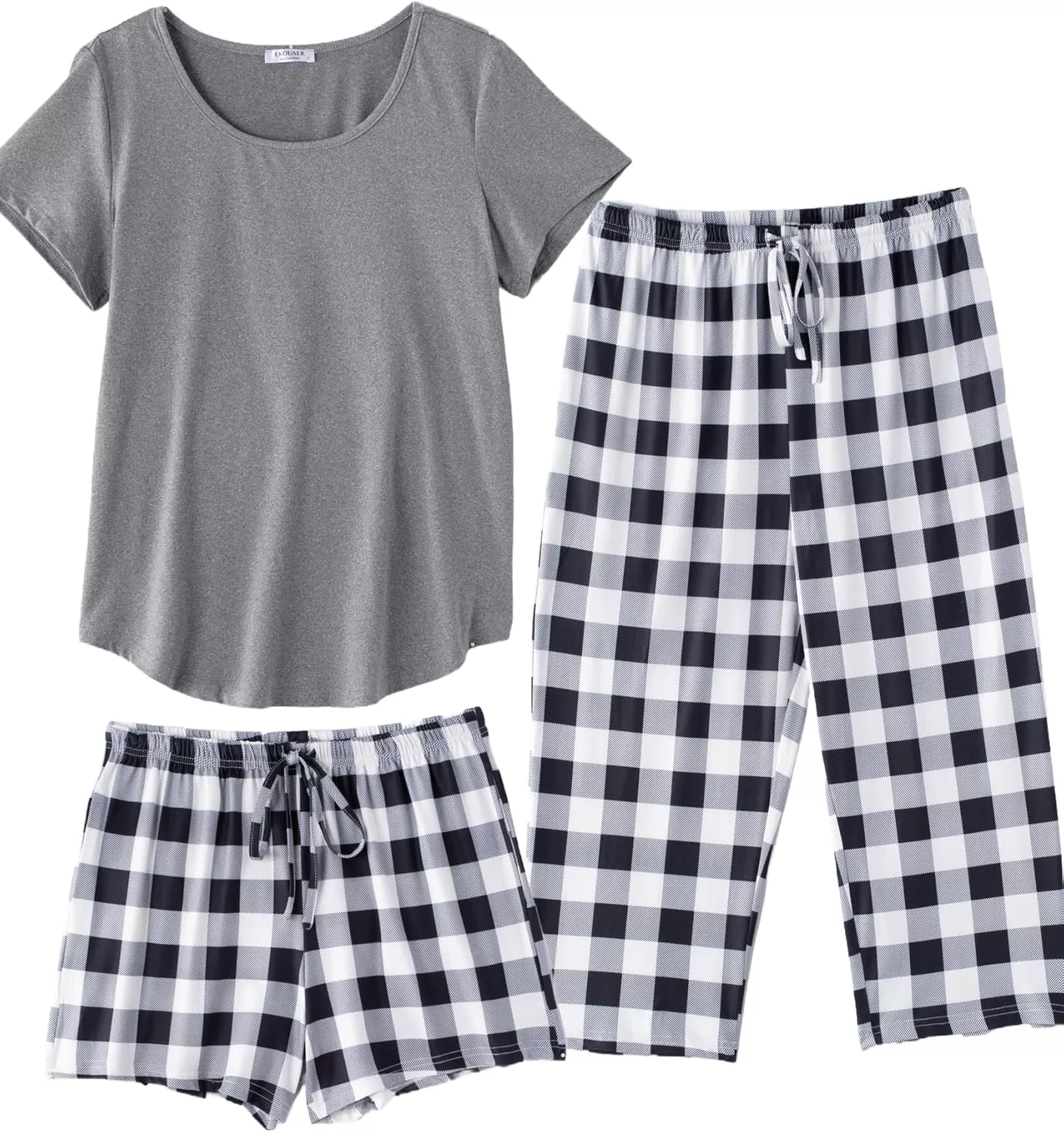 imageEkouaer 3 PCS Capri Pajamas for Women Set Short Sleeve Pajama Sets Floral Pj Sets Soft Sleepwear with PocketsDark Grey Plaid