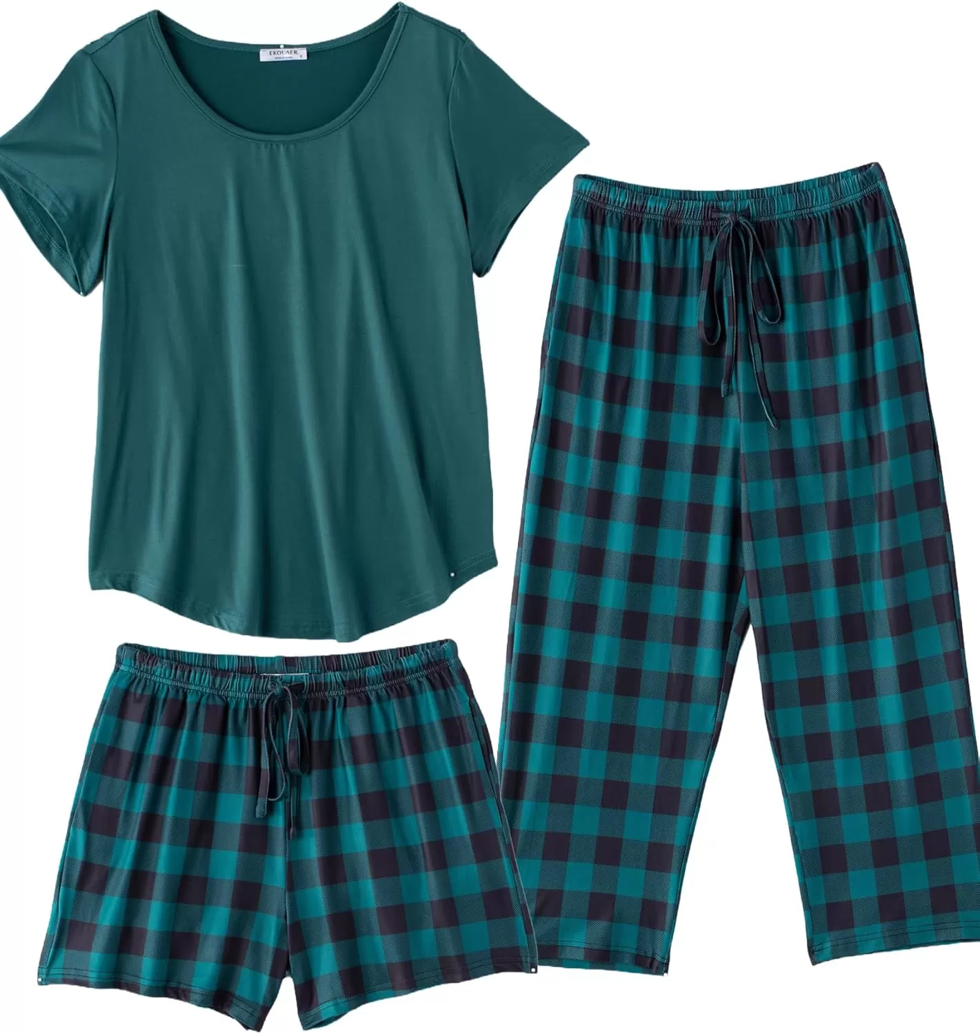 imageEkouaer 3 PCS Capri Pajamas for Women Set Short Sleeve Pajama Sets Floral Pj Sets Soft Sleepwear with PocketsDeep Green Plaid