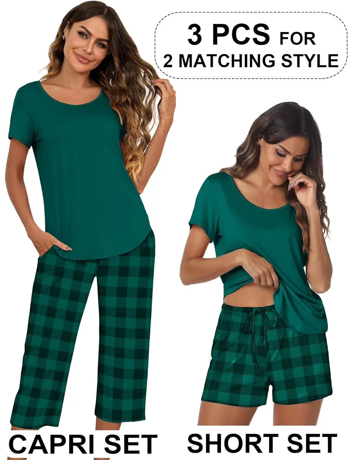 imageEkouaer 3 PCS Capri Pajamas for Women Set Short Sleeve Pajama Sets Floral Pj Sets Soft Sleepwear with PocketsDeep Green Plaid