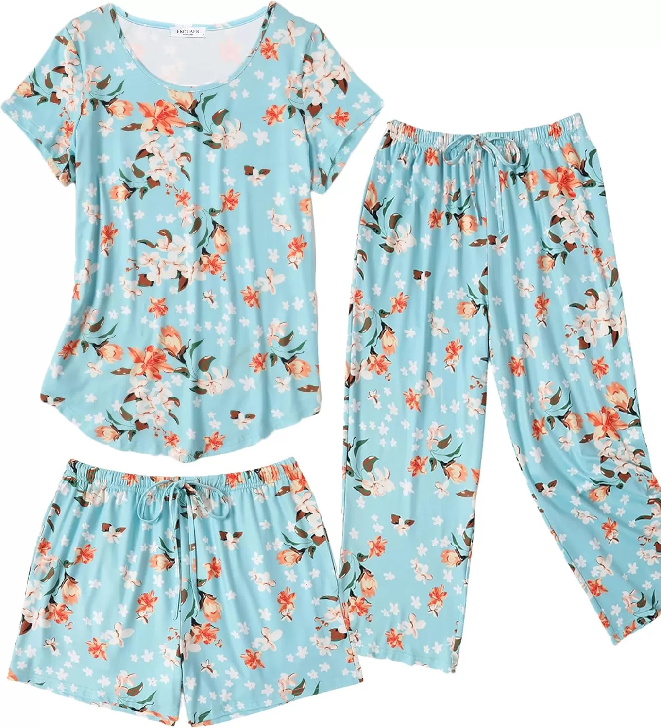 imageEkouaer 3 PCS Capri Pajamas for Women Set Short Sleeve Pajama Sets Floral Pj Sets Soft Sleepwear with PocketsGreen Flowers