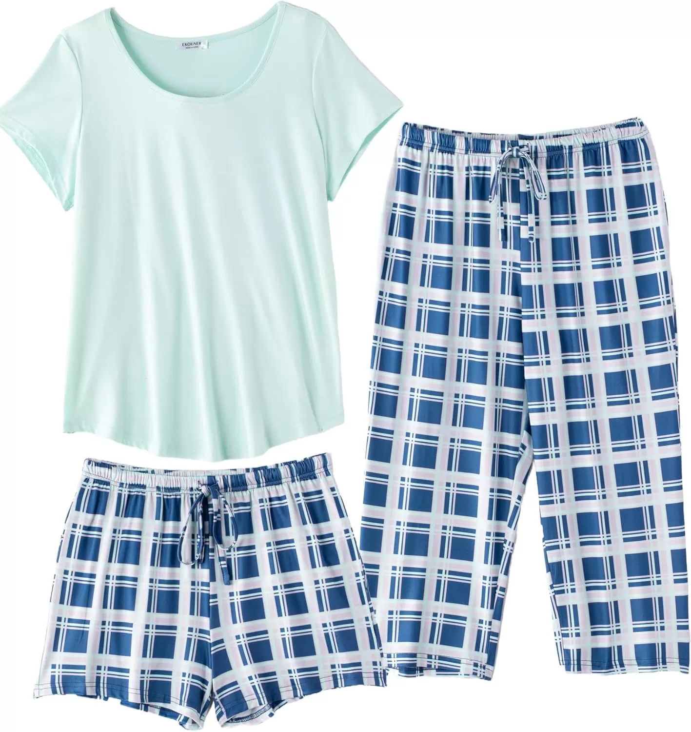 imageEkouaer 3 PCS Capri Pajamas for Women Set Short Sleeve Pajama Sets Floral Pj Sets Soft Sleepwear with PocketsLight Green Plaid