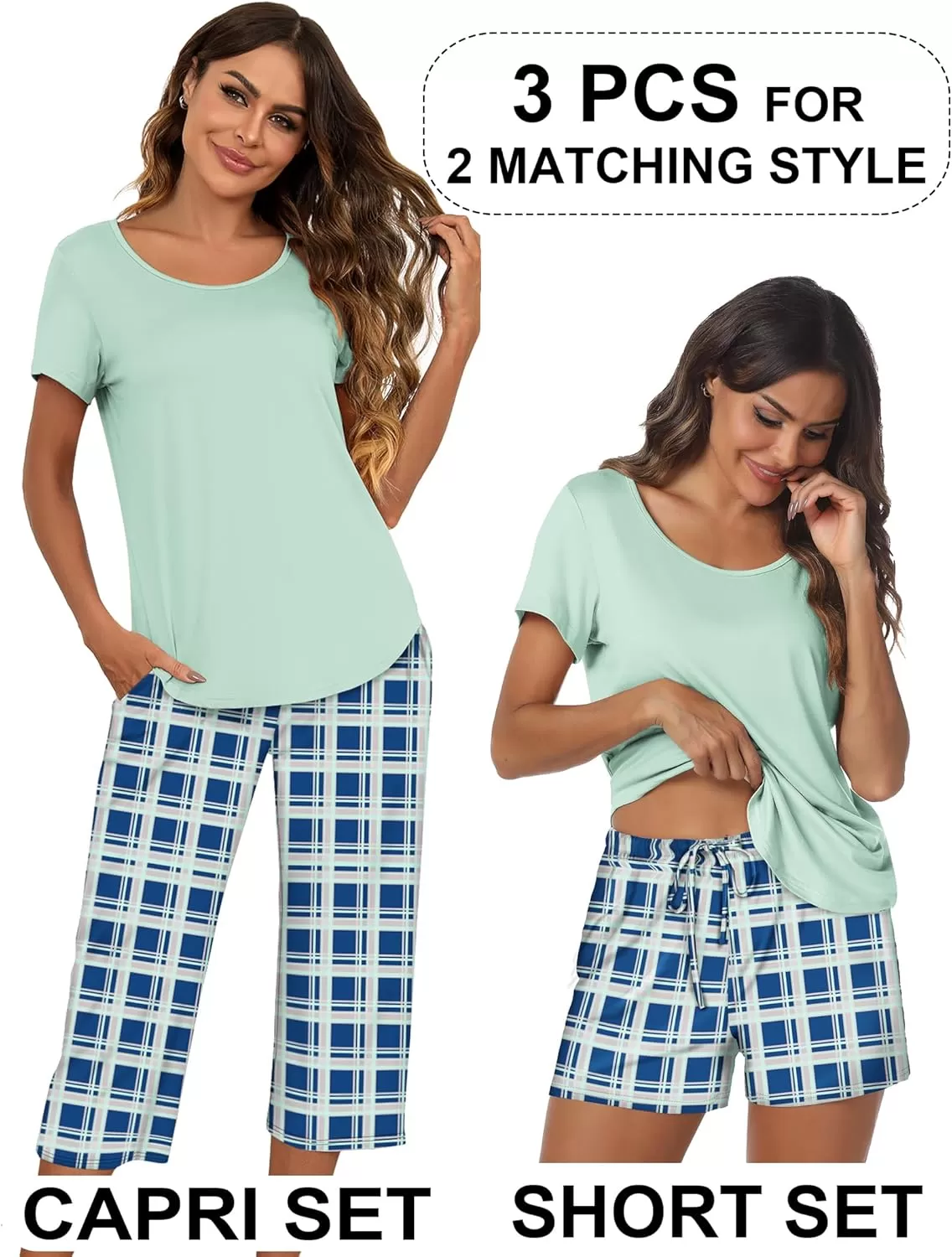 imageEkouaer 3 PCS Capri Pajamas for Women Set Short Sleeve Pajama Sets Floral Pj Sets Soft Sleepwear with PocketsLight Green Plaid