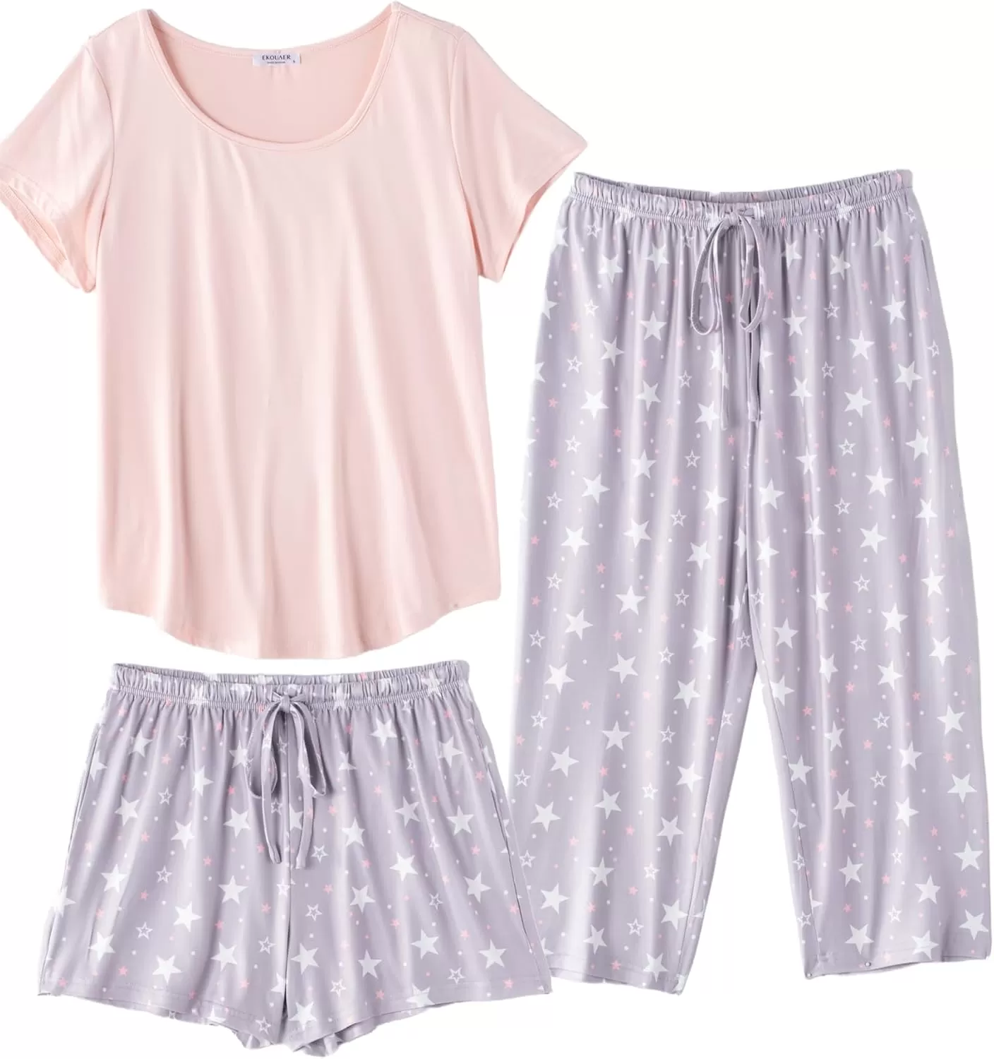 imageEkouaer 3 PCS Capri Pajamas for Women Set Short Sleeve Pajama Sets Floral Pj Sets Soft Sleepwear with PocketsLight Pink