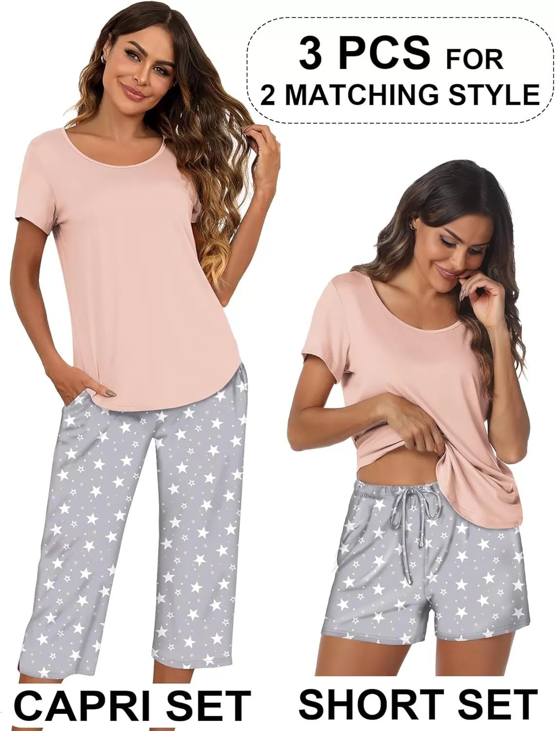 imageEkouaer 3 PCS Capri Pajamas for Women Set Short Sleeve Pajama Sets Floral Pj Sets Soft Sleepwear with PocketsLight Pink