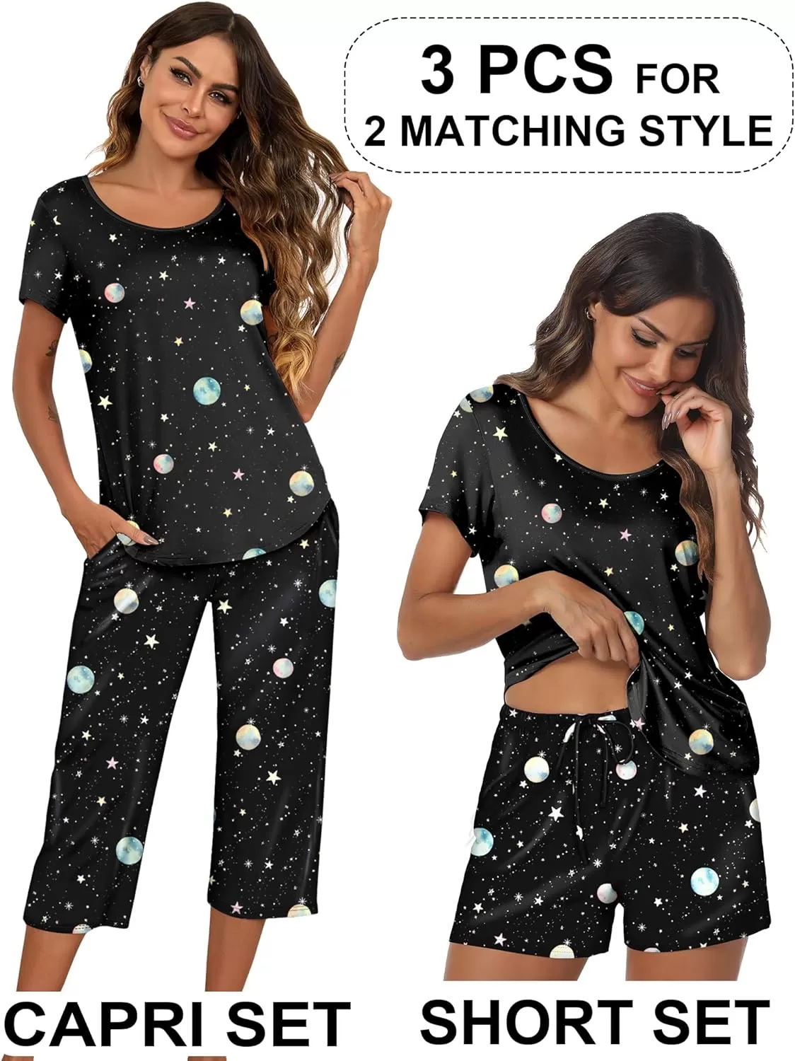 imageEkouaer 3 PCS Capri Pajamas for Women Set Short Sleeve Pajama Sets Floral Pj Sets Soft Sleepwear with PocketsMoon and Star