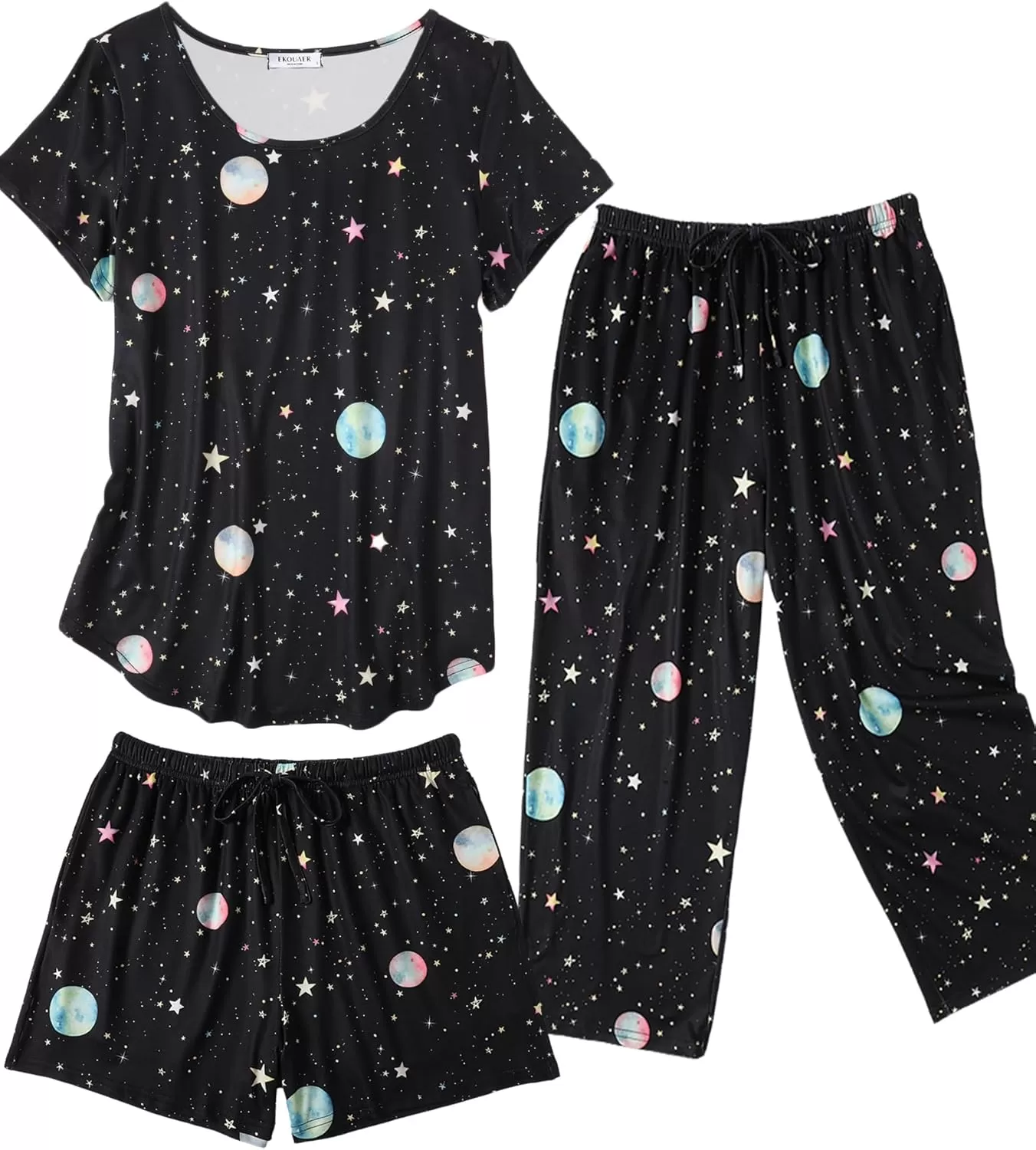 imageEkouaer 3 PCS Capri Pajamas for Women Set Short Sleeve Pajama Sets Floral Pj Sets Soft Sleepwear with PocketsMoon and Star