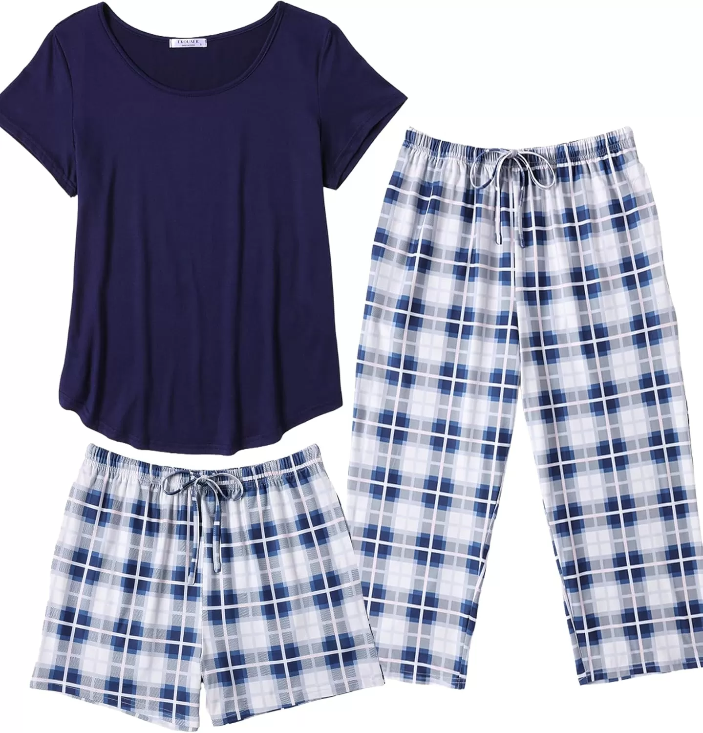 imageEkouaer 3 PCS Capri Pajamas for Women Set Short Sleeve Pajama Sets Floral Pj Sets Soft Sleepwear with PocketsNavy Plaid
