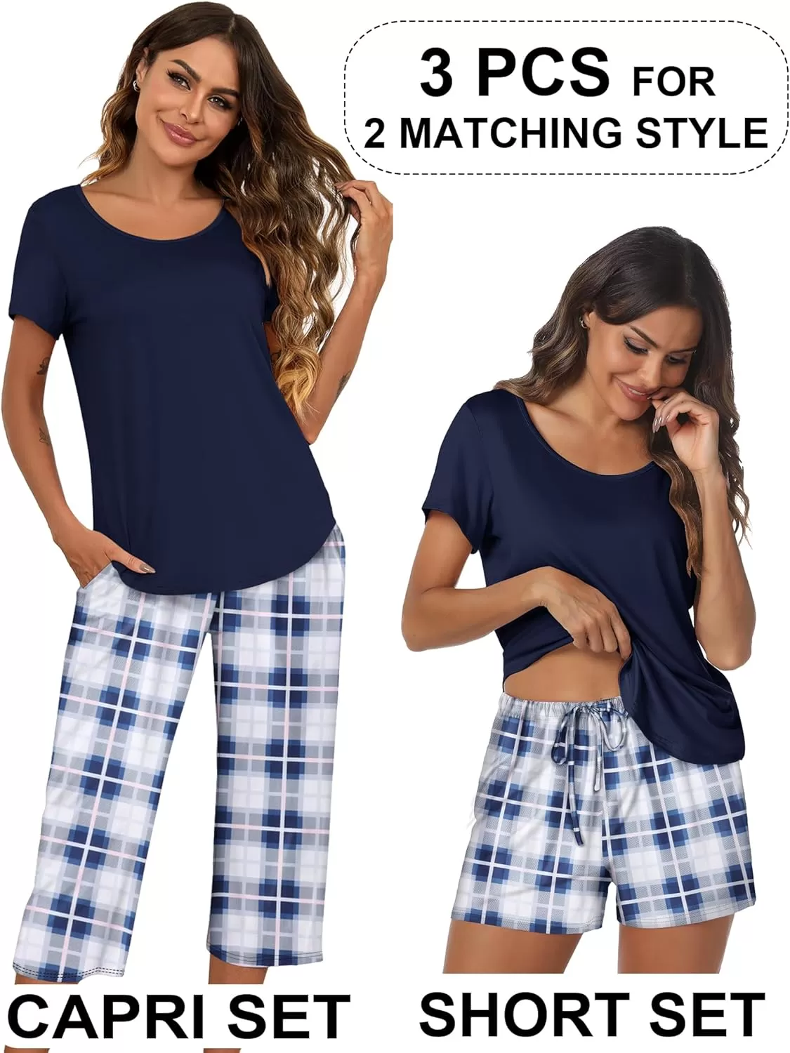 imageEkouaer 3 PCS Capri Pajamas for Women Set Short Sleeve Pajama Sets Floral Pj Sets Soft Sleepwear with PocketsNavy Plaid