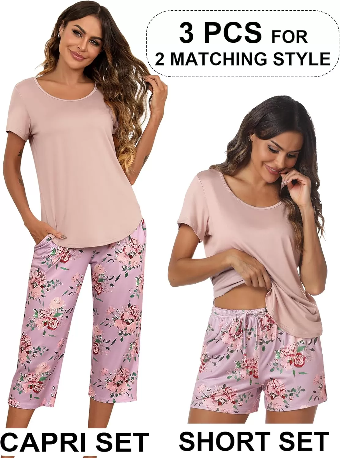 imageEkouaer 3 PCS Capri Pajamas for Women Set Short Sleeve Pajama Sets Floral Pj Sets Soft Sleepwear with PocketsPink Flowers