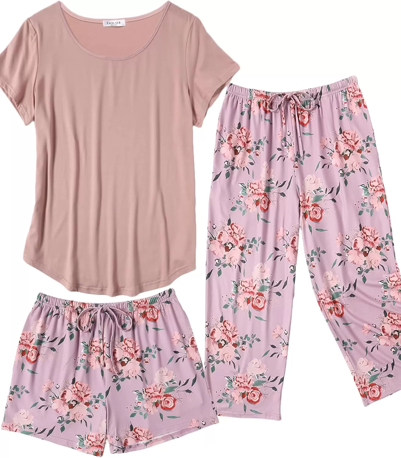 imageEkouaer 3 PCS Capri Pajamas for Women Set Short Sleeve Pajama Sets Floral Pj Sets Soft Sleepwear with PocketsPink Flowers