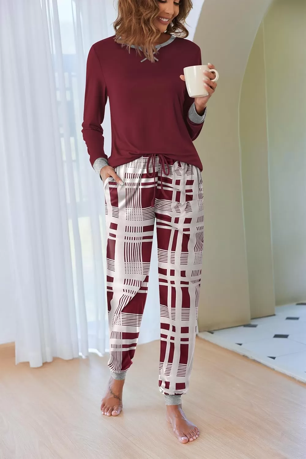 imageEkouaer Pajamas Set for Women Long Sleeve Crew Neck Comfy Pjs Lounge Sets With Pockets1pat3